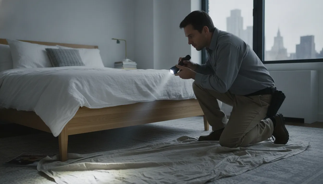Pest professional examining a bed frame in a Manhattan apartment
