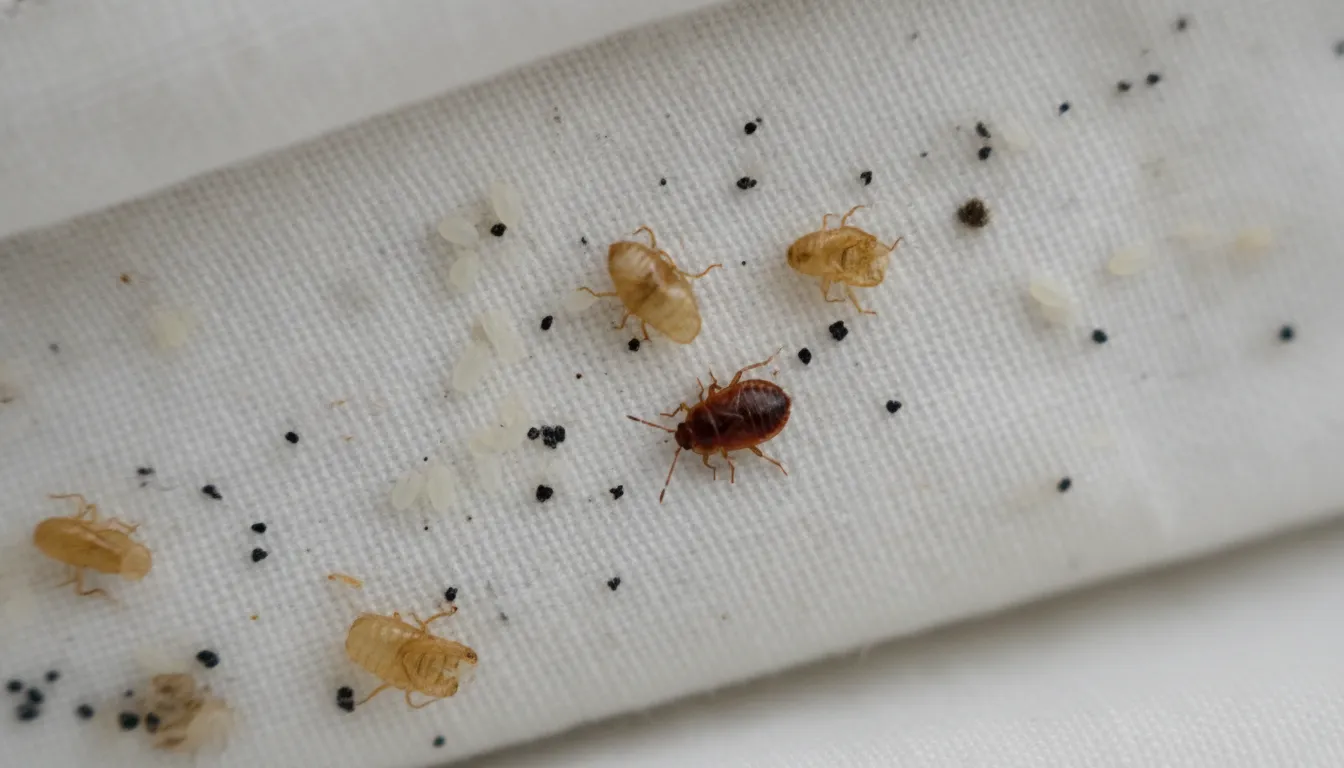 Bed bug eggs, shed skins, and dark fecal spots in a mattress seam