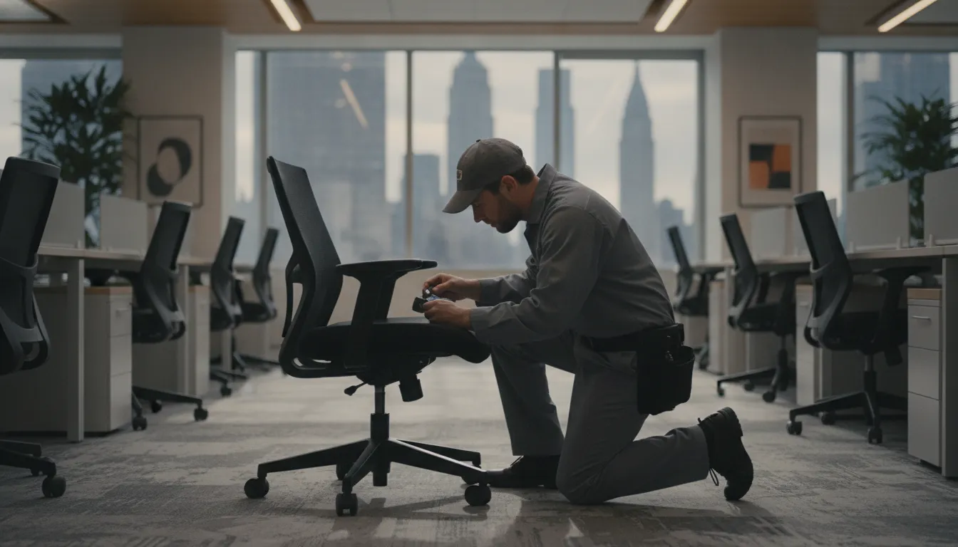 Technician inspecting an office chair for bed bugs
