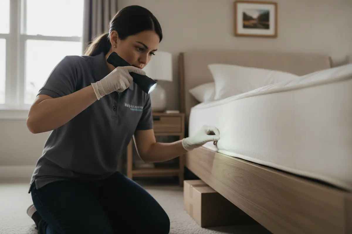 Pest professional examining a bed frame and mattress seams during a careful inspection