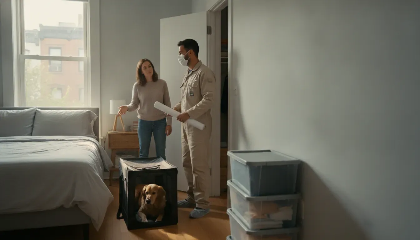 Pet safe bed bug treatment Brooklyn specialist reviewing a pet relocation plan in an apartment