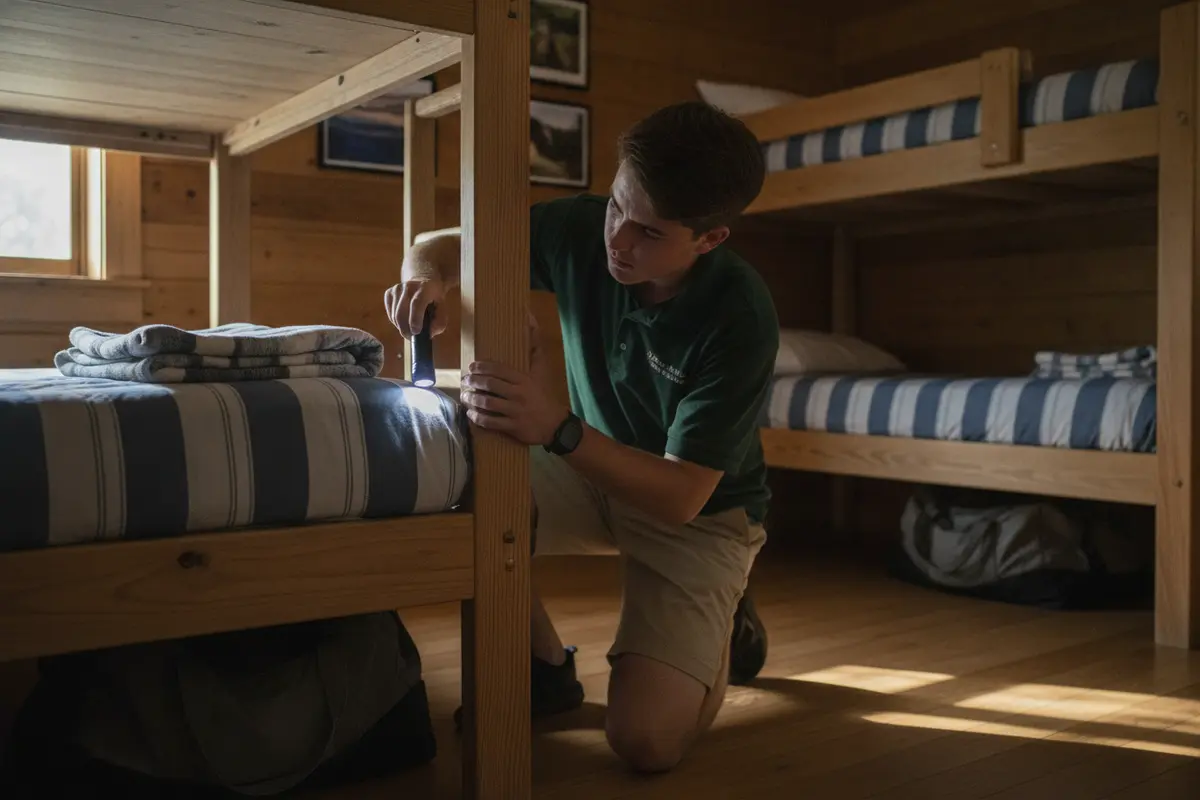 Staff member checking a bunk mattress seam and bed frame during a camp room inspection