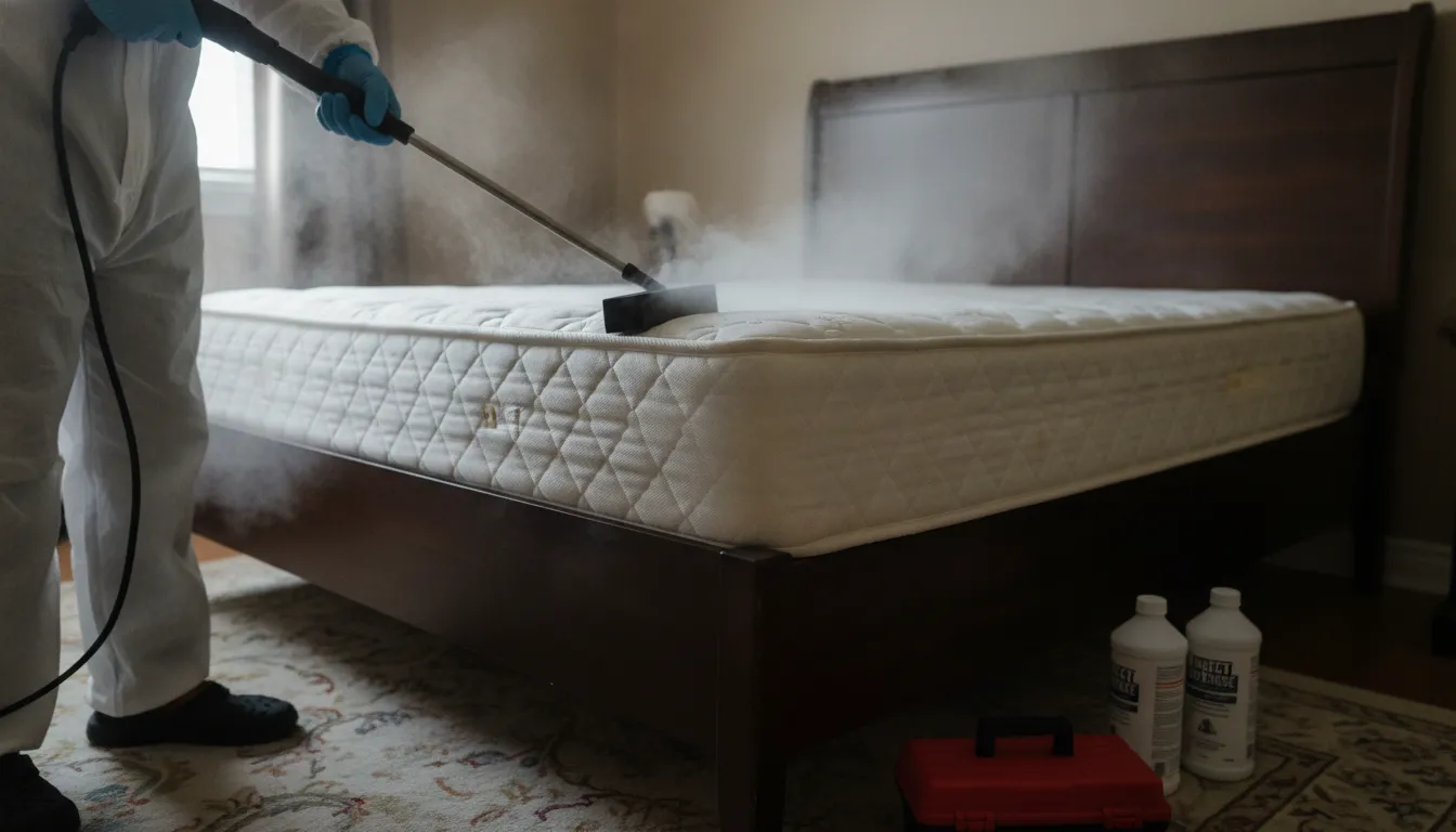 Professional handheld steam cleaner being applied to a mattress edge and bed frame for bed bug treatment