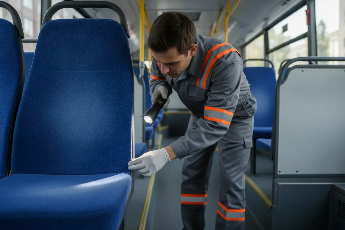 Transit worker checking seams of a bus seat for signs of bed bugs