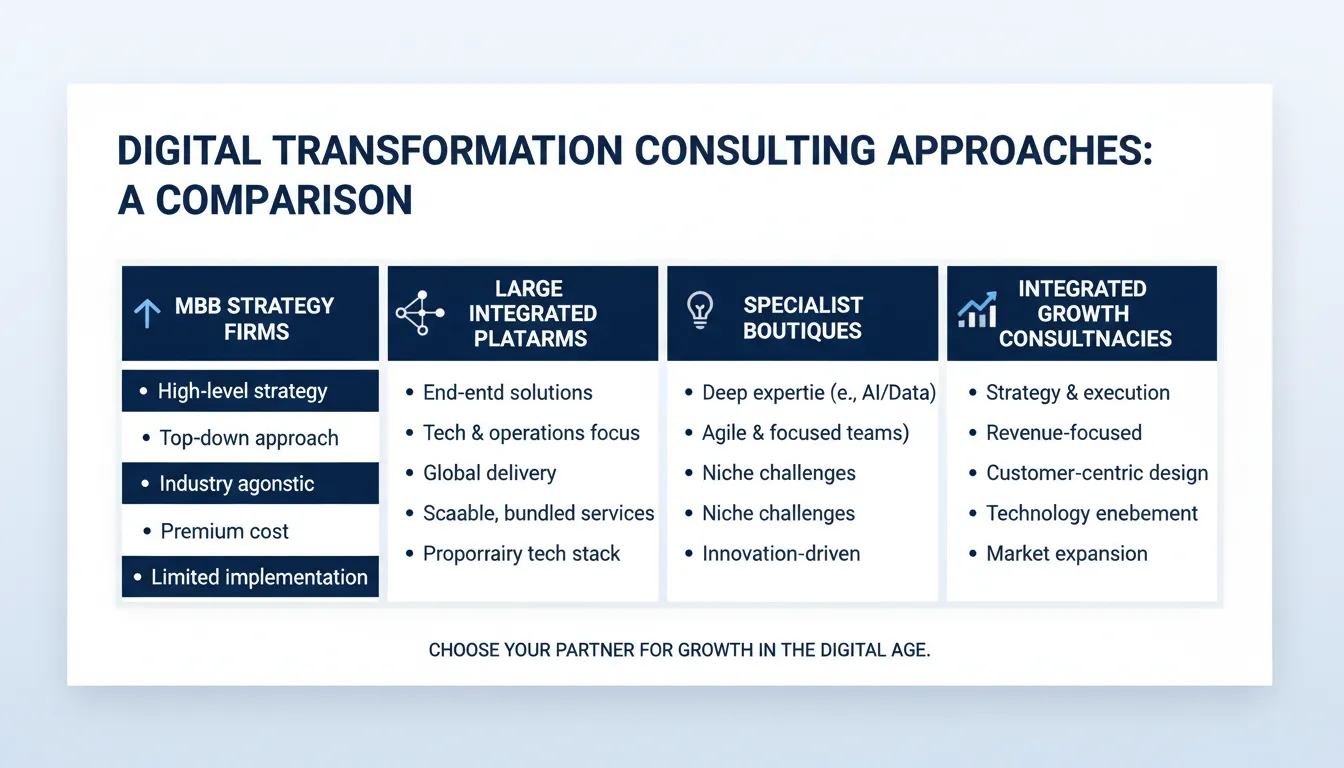 Comparación de los distintos tipos de empresas de consultoría en transformación digital: empresas de estrategia del grupo MBB, grandes plataformas integradas, consultoras especializadas y consultoras de crecimiento integradas