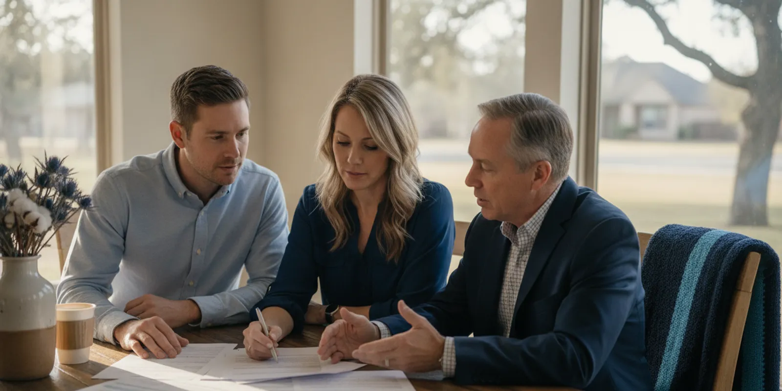 Texas homebuyers reviewing mortgage paperwork and a closing-cost estimate at a dining table