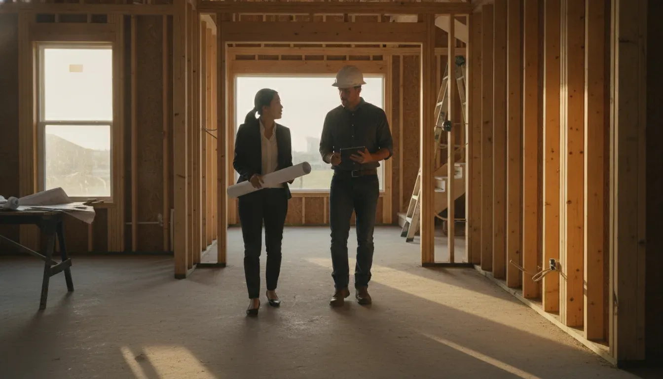 Mortgage professional and builder representative discussing a new-construction financing review