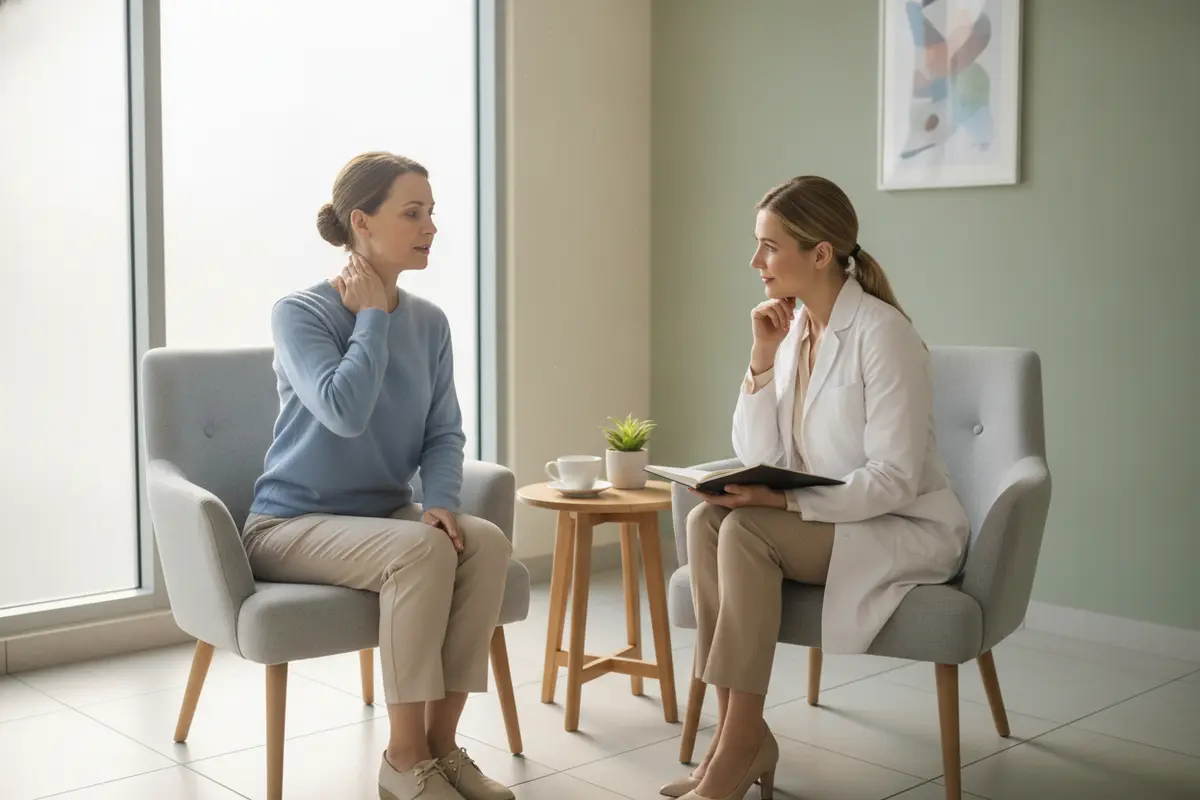 A patient describing neck symptoms to a clinician after a truck collision