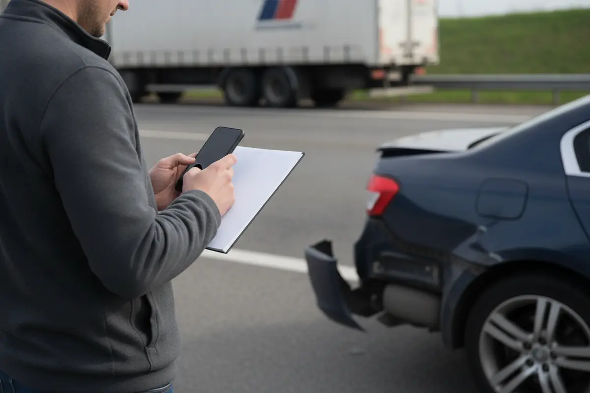 A person records vehicle damage after a commercial truck collision