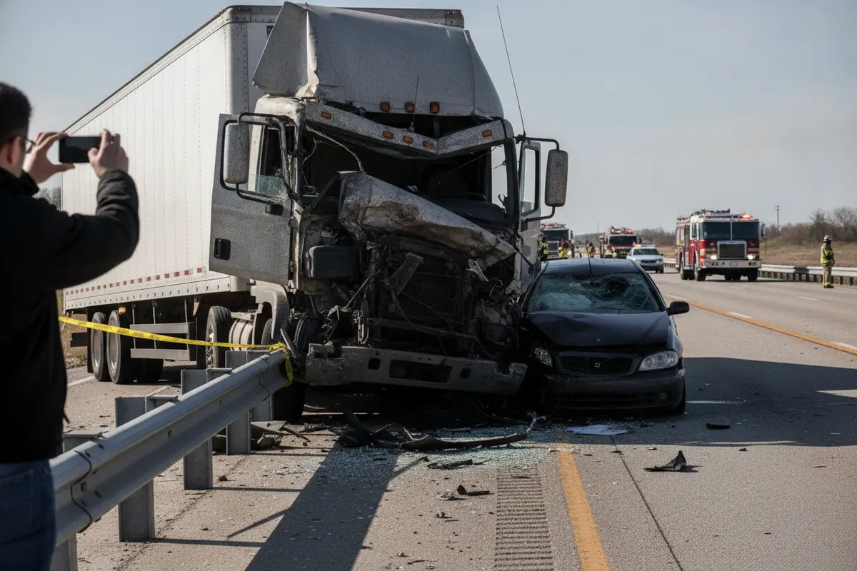 A person safely photographing truck and passenger-vehicle damage from outside a secured crash scene