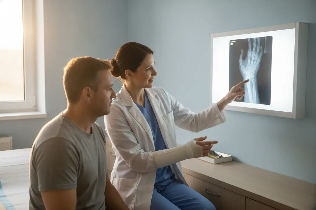 A physician and patient reviewing an X-ray of a broken arm