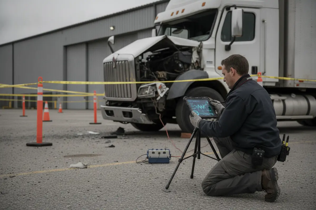 A truck and its electronic records being documented after a collision