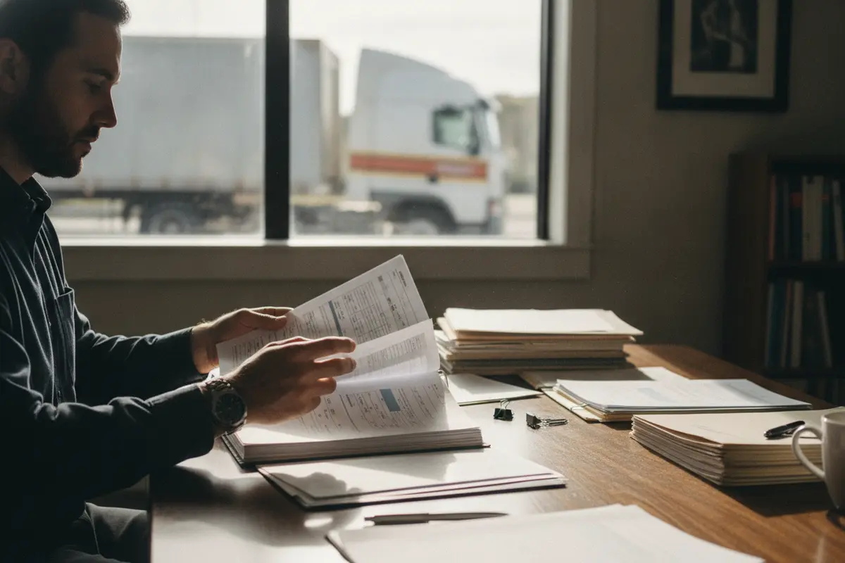 An investigator reviews maintenance and inspection records related to a semi-truck collision