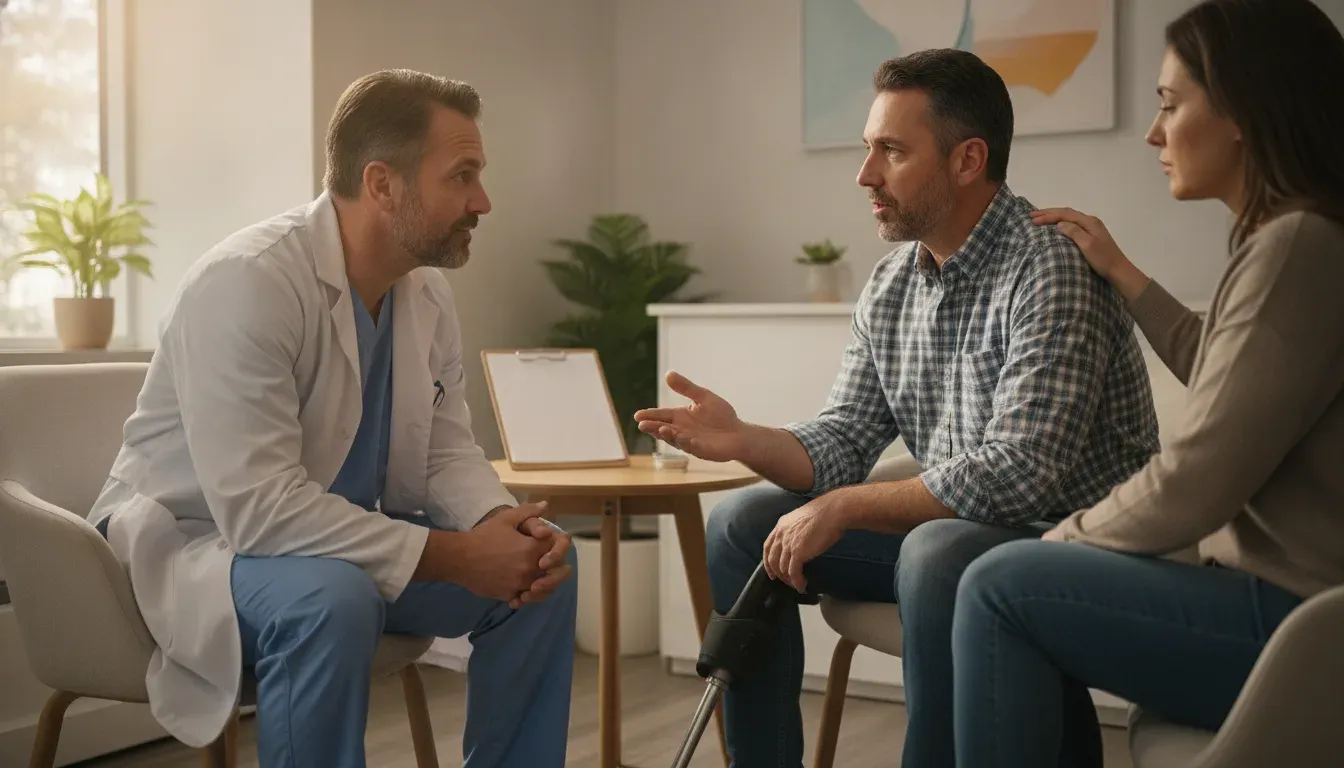 Healthcare professional discussing changing truck accident symptoms with a patient and family member