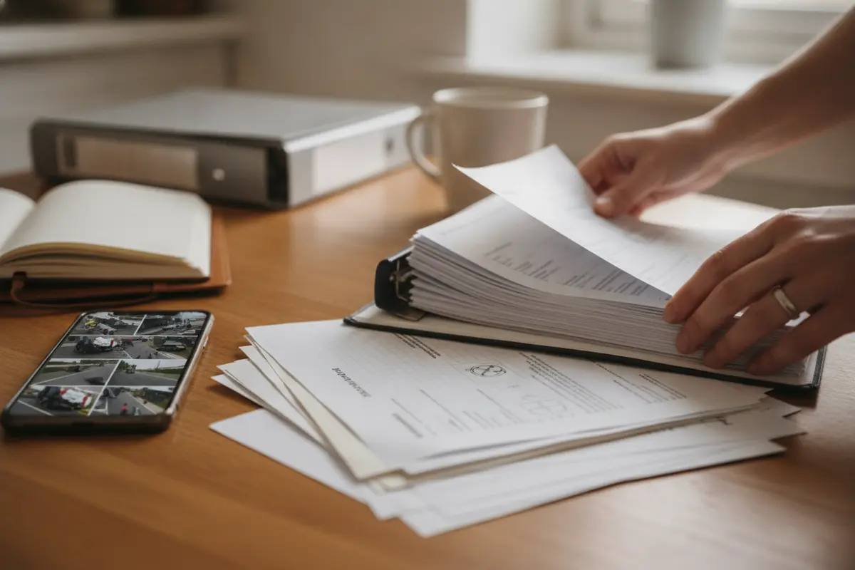 Crash photos and paperwork being organized for a truck accident claim