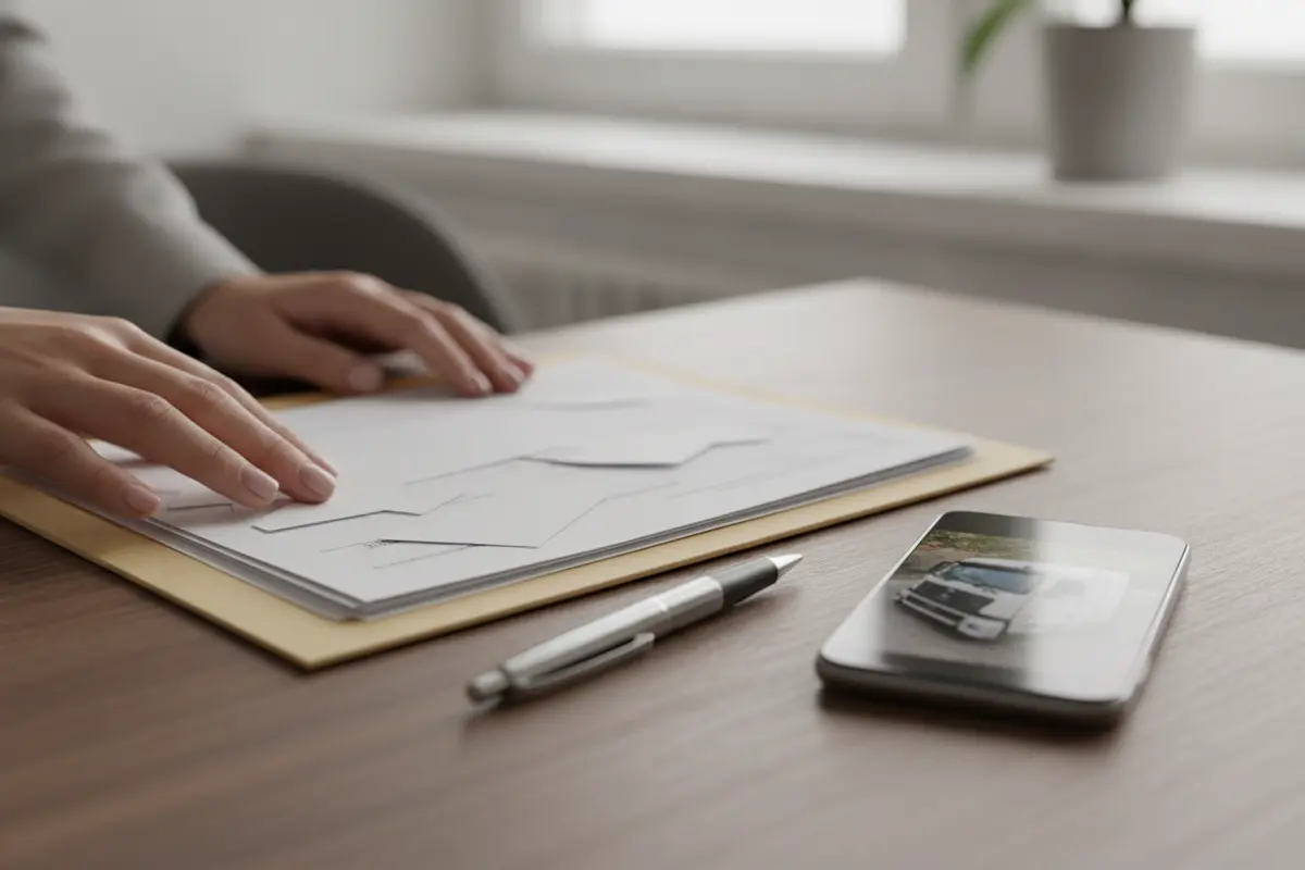 Documents and photographs being organized for a truck accident claim