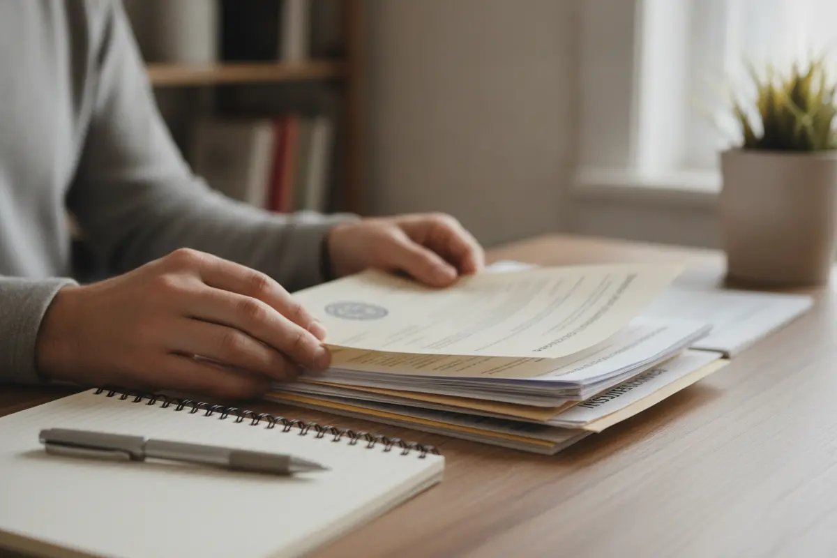 Driver organizing license notices, insurance records, and payment receipts