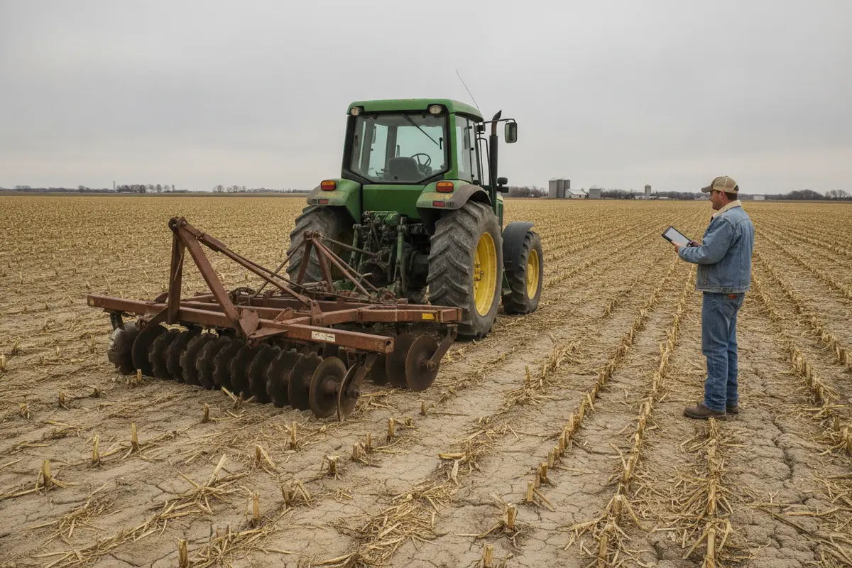 Farm worker examining a damaged tractor in a rural Missouri field