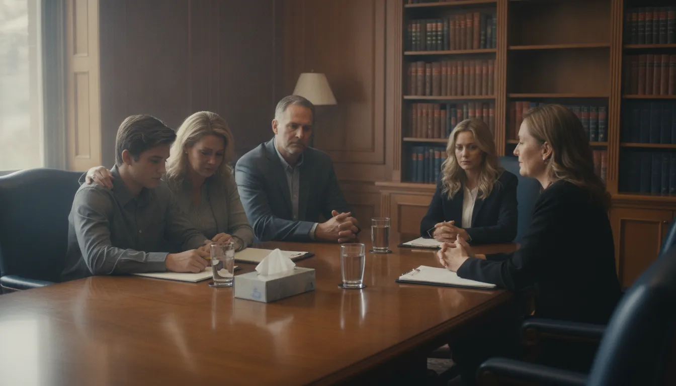 A compassionate wrongful death attorney meeting with a grieving family in a Springfield Missouri law office