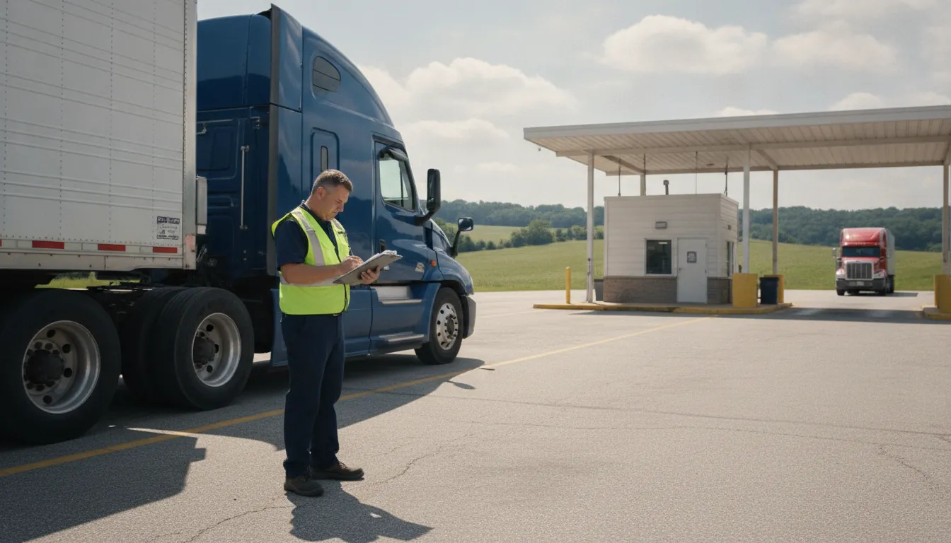 DOT safety officer inspecting a commercial semi-truck under Missouri trucking regulations