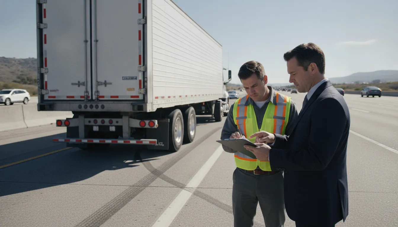 Investigator and attorney reviewing commercial truck inspection records beside a parked tractor trailer