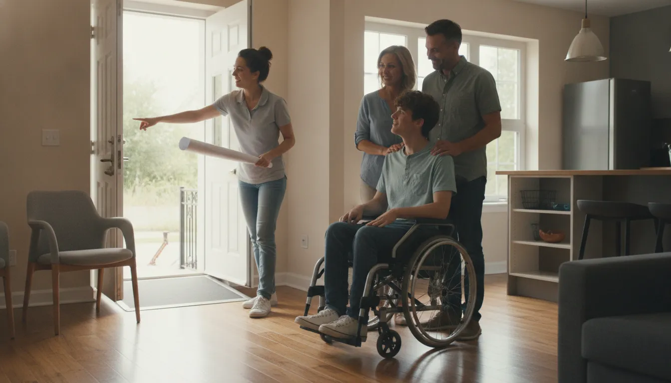 Occupational therapist showing a young adult in a wheelchair a home accessibility remodel in a bright living room