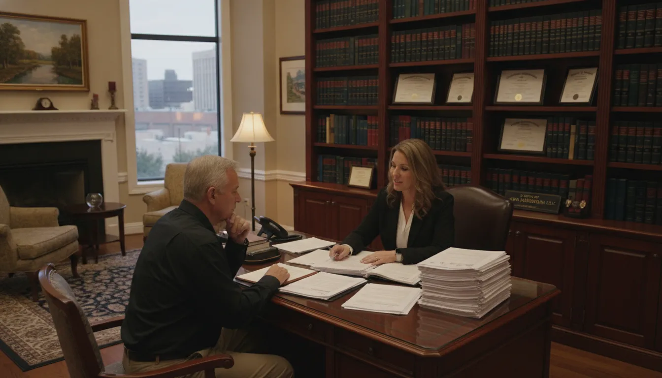 Spring Missouri law office interior with attorney consulting with catastrophic injury client about their case