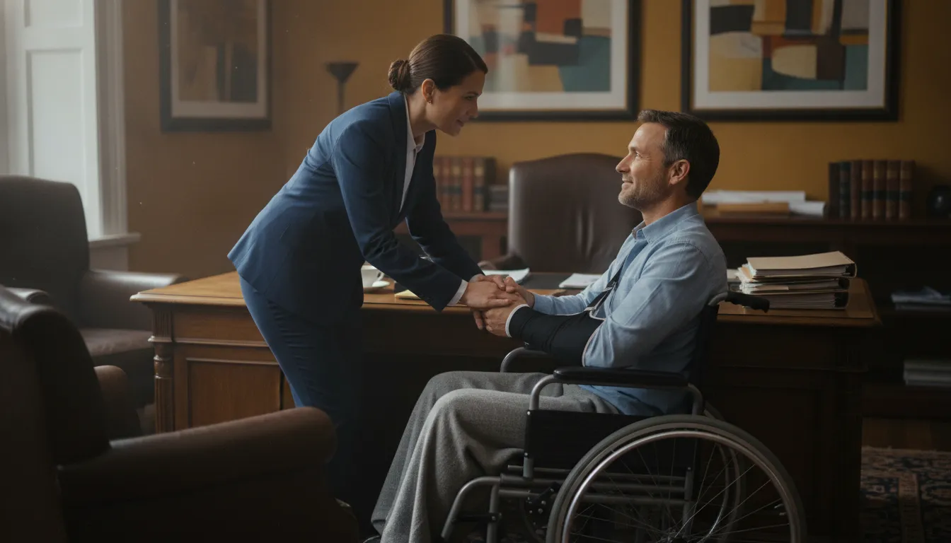 Attorney speaking supportively with a client in a wheelchair during a consultation in a warm law office