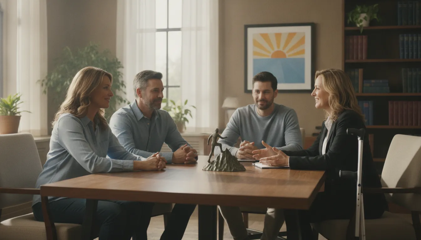 Family meeting compassionately with an attorney while discussing catastrophic injury recovery