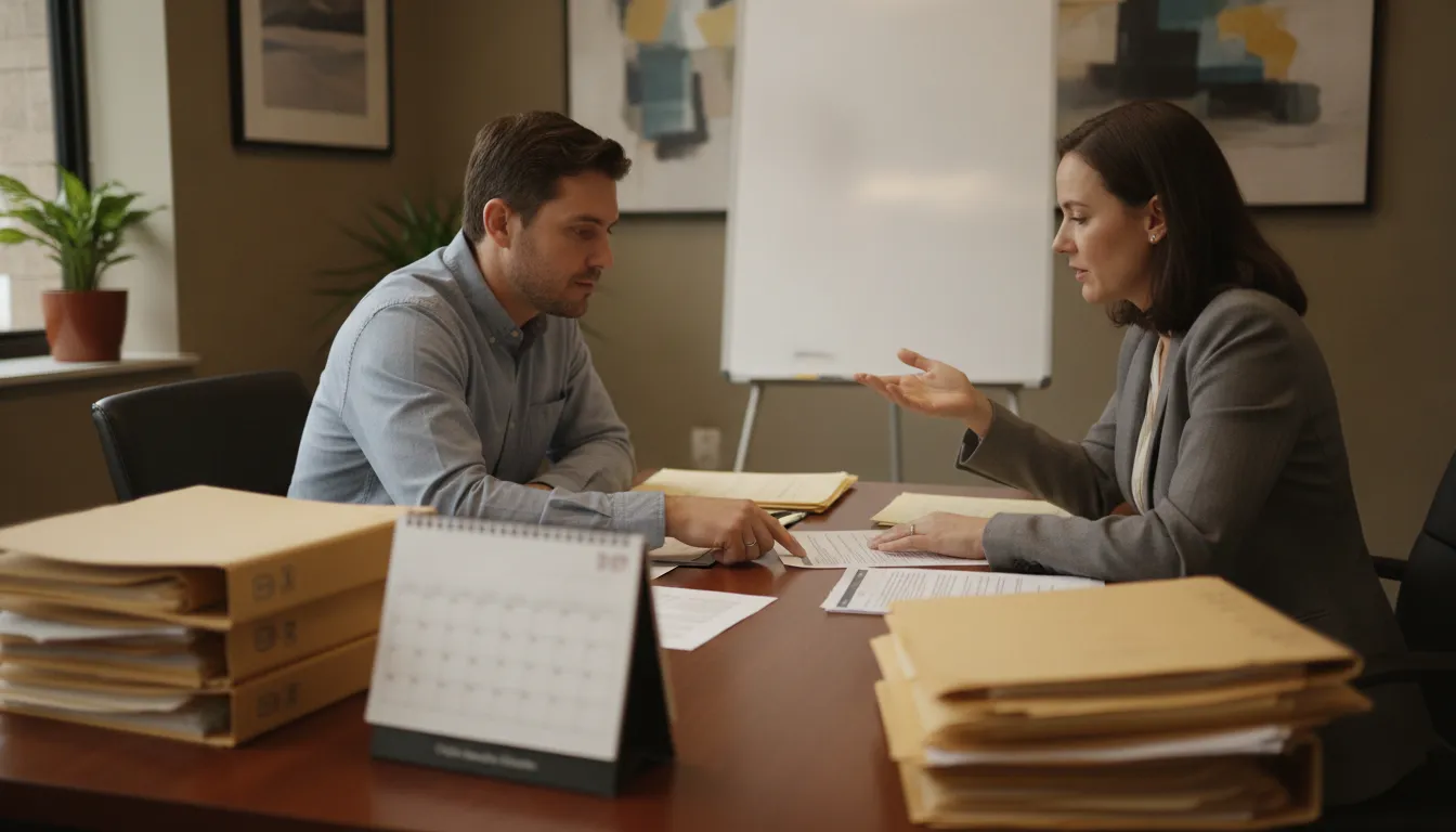 Attorney and client reviewing a Missouri car accident settlement timeline
