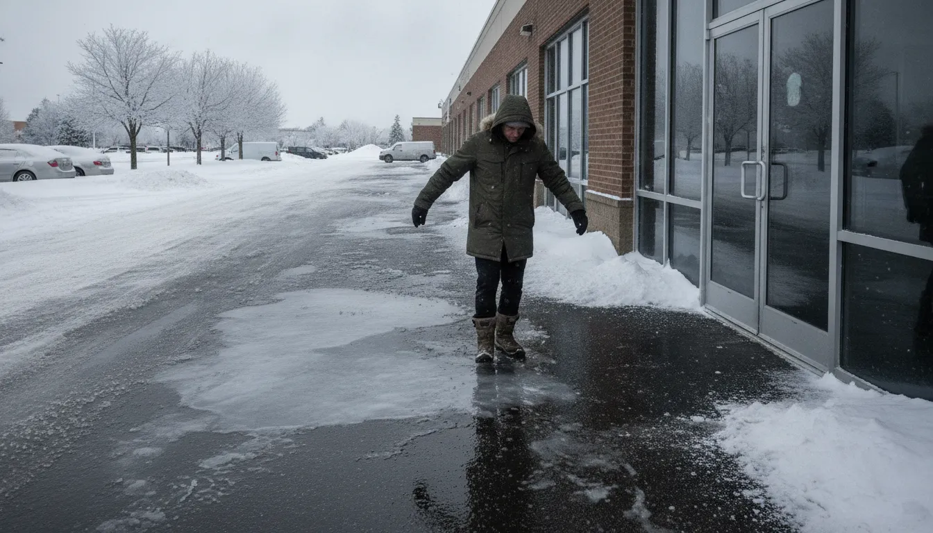 A person walks carefully across a snowy commercial parking lot with ice patches near a building entrance in winter