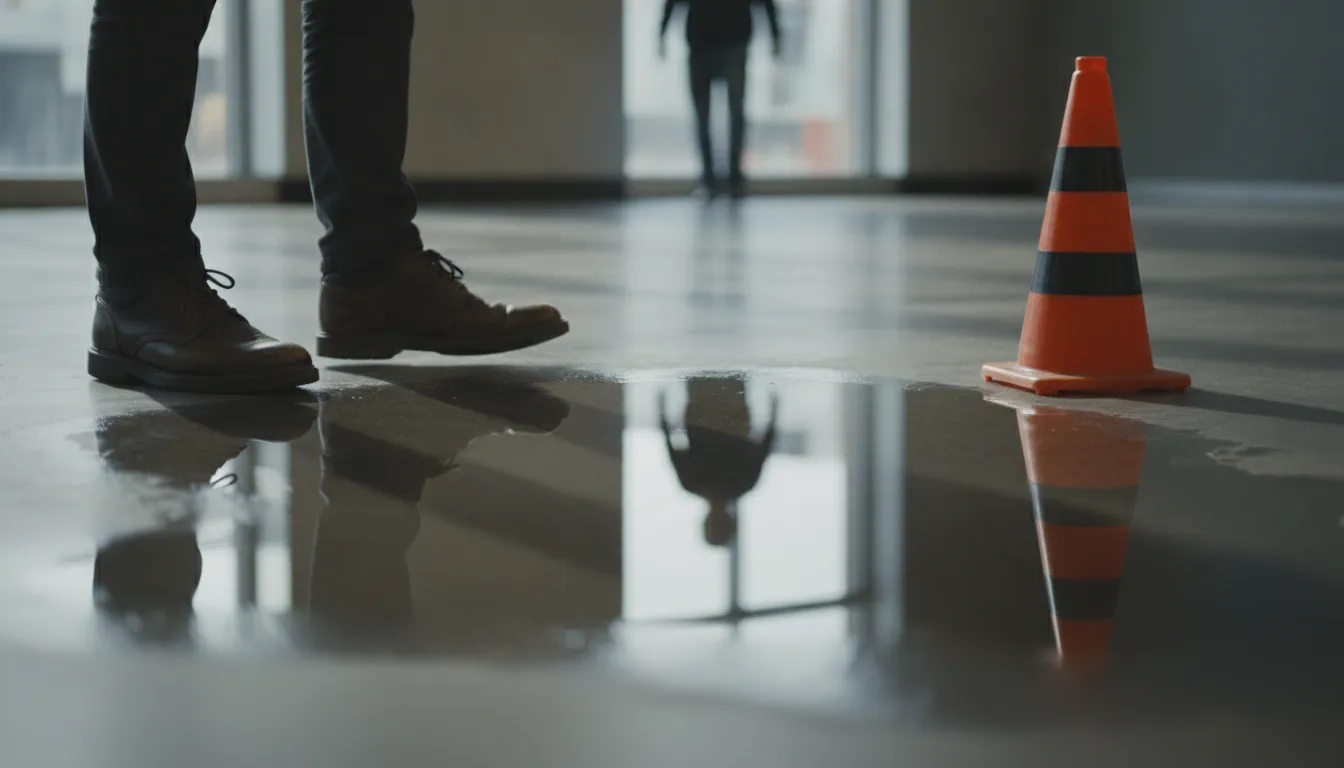 A person steps carefully around a wet reflective patch of a commercial entryway floor marked by a caution cone