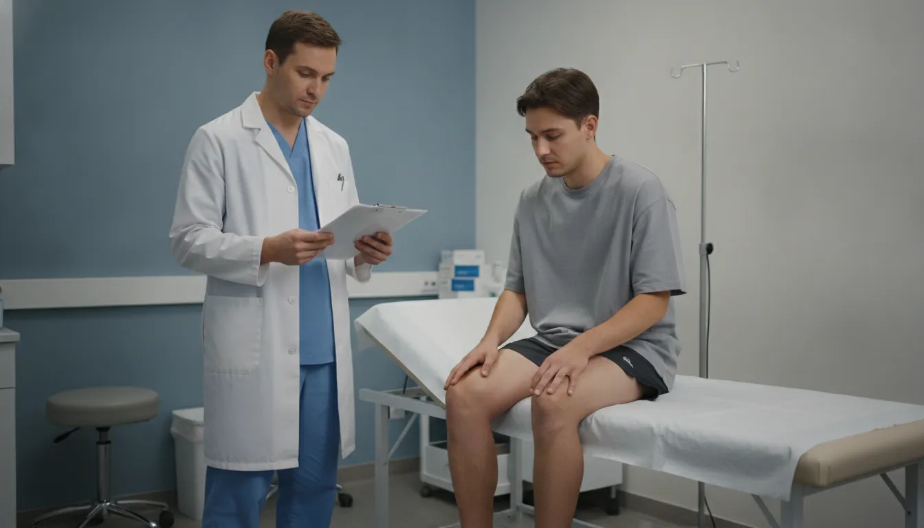 Person sitting on an exam table in a doctor's office, gently touching a sore ankle while a doctor reviews a clipboard nearby