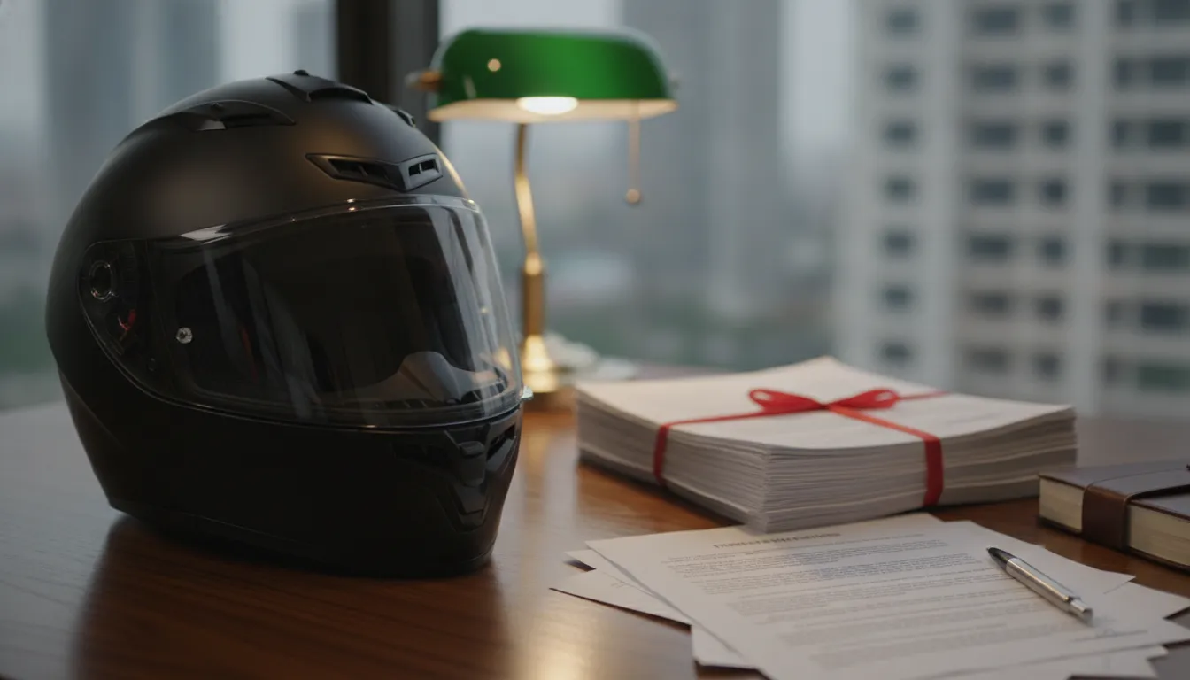 A black motorcycle helmet sitting on a lawyer's desk next to Missouri traffic safety law documents