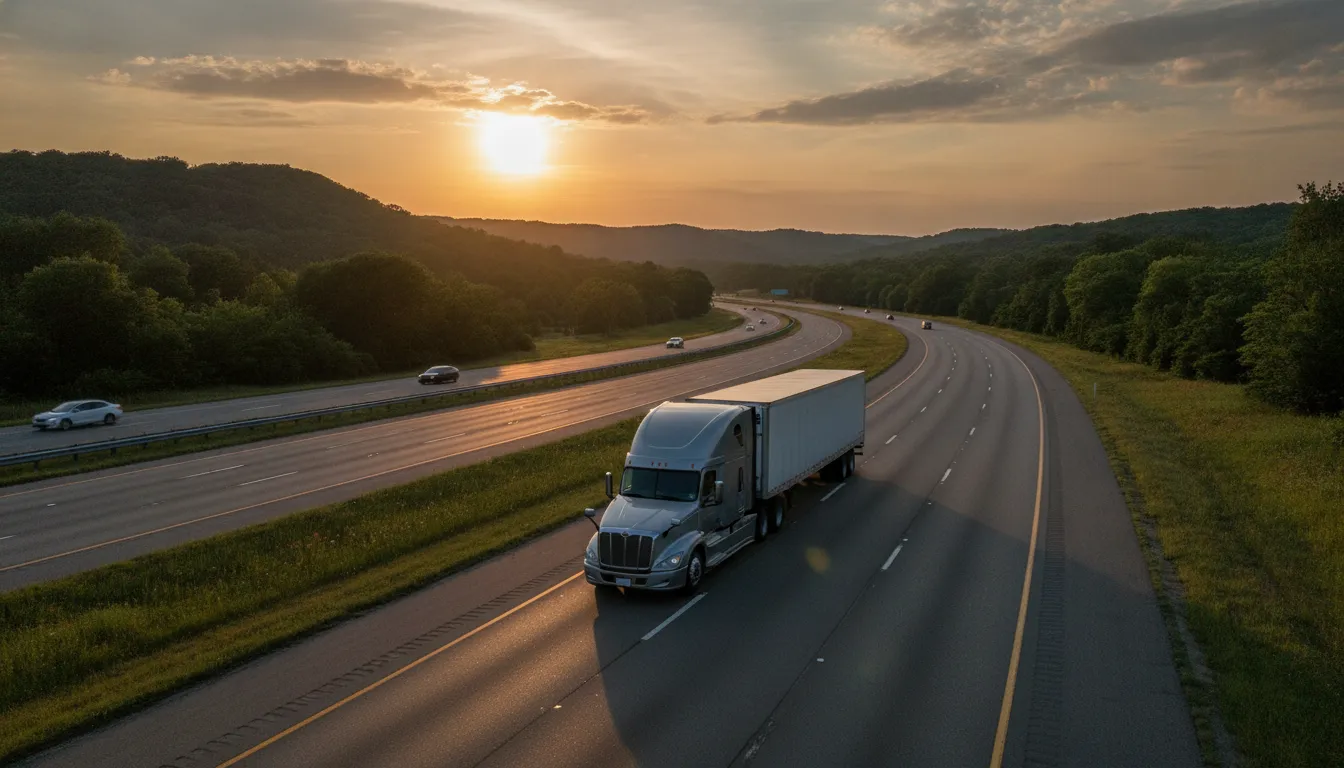 A commercial semi truck traveling along a Missouri interstate highway at dusk, illustrating the scale and weight of commercial vehicles involved in crash investigations
