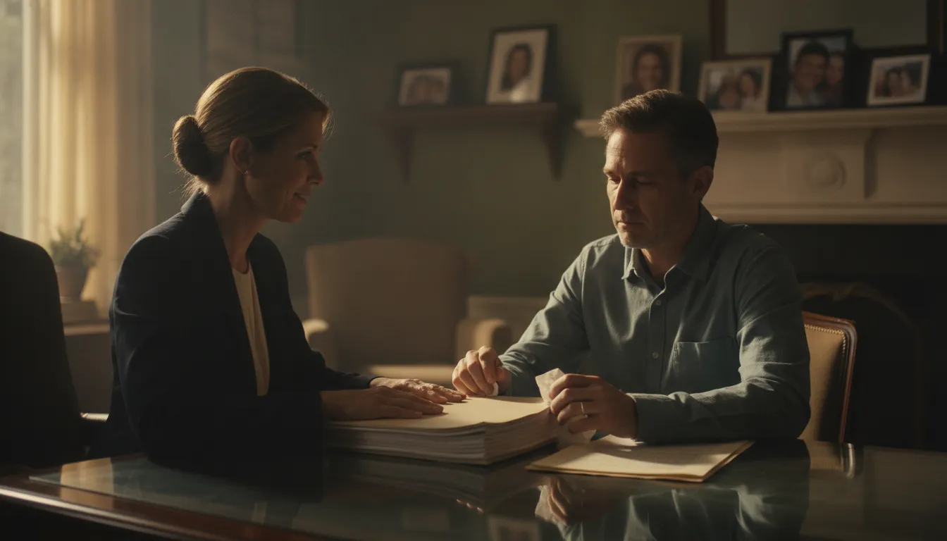 Compassionate Missouri wrongful death lawyer reassuring a grieving family member in a quiet private office