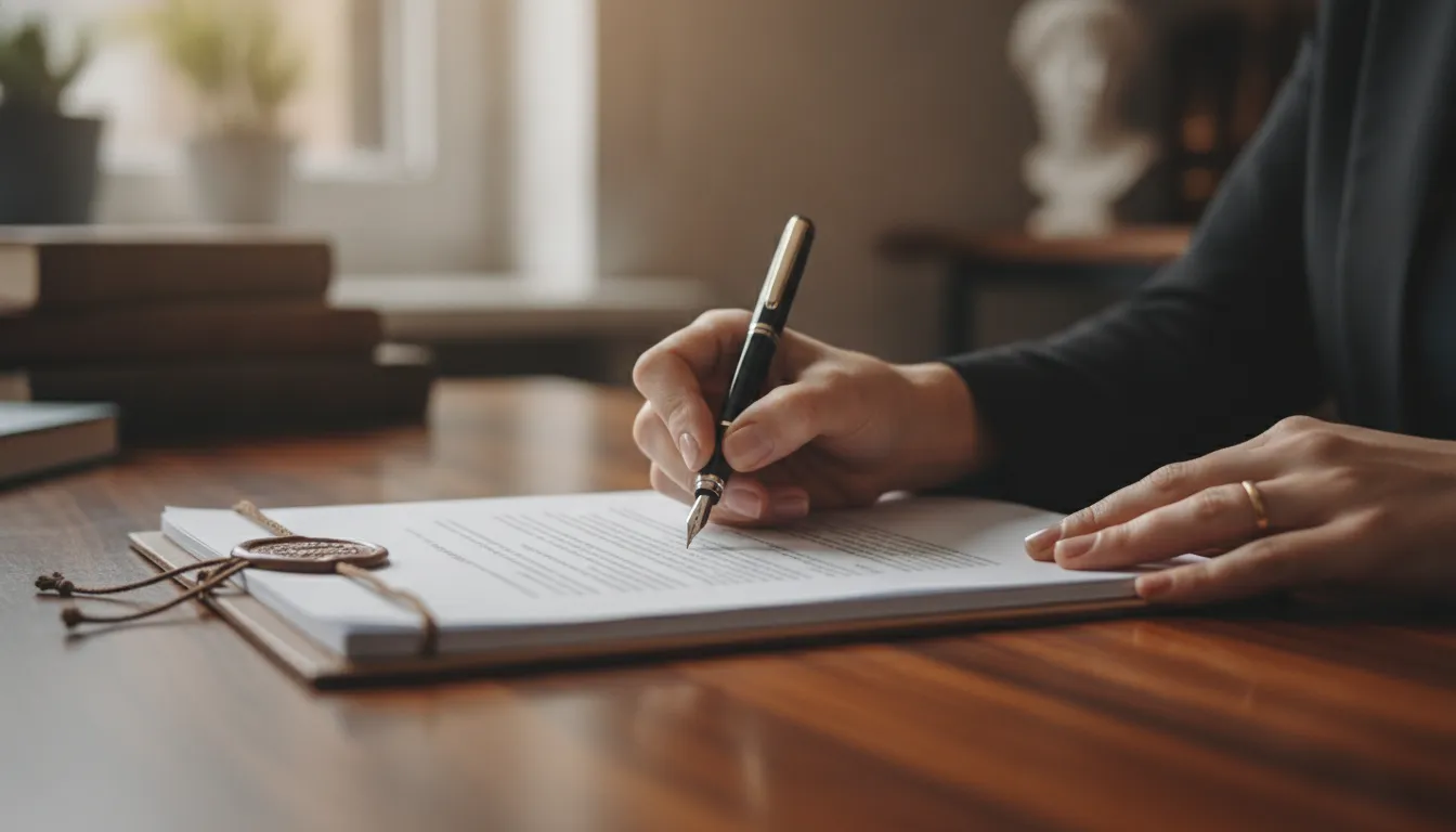 Close up of a hand signing legal documents at a wooden desk in a law office with natural window light