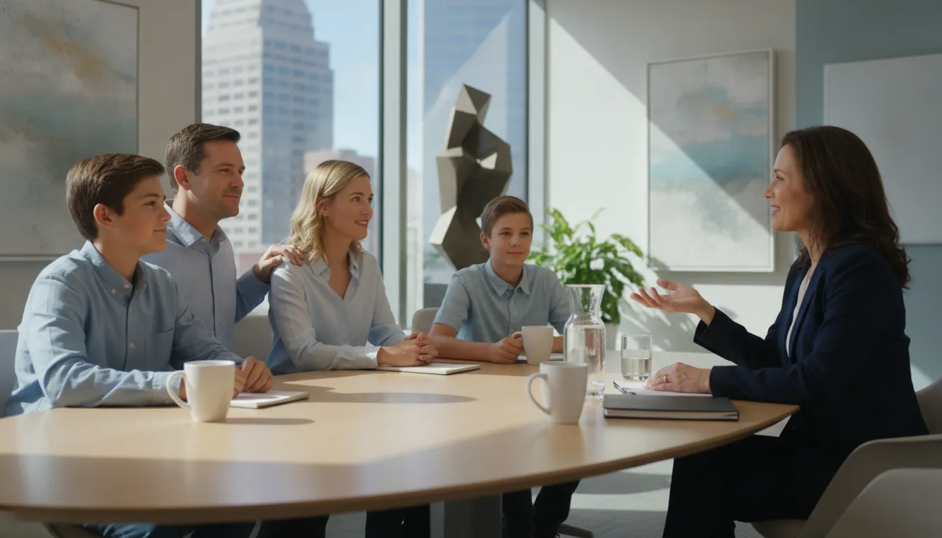 Missouri family reviewing settlement options with a wrongful death attorney at a law firm conference table