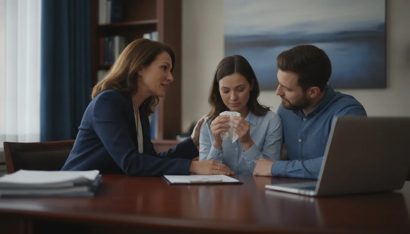 A lawyer speaking with an injured couple in a calm office as they review a semi truck accident case, showing the personal attention a Missouri truck accident claim deserves