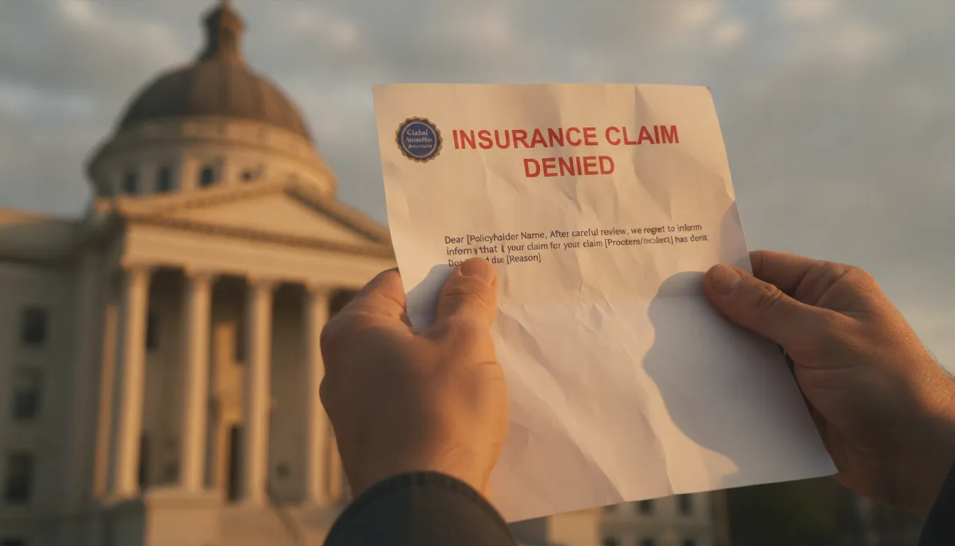 Denied insurance claim letter with courthouse building in background