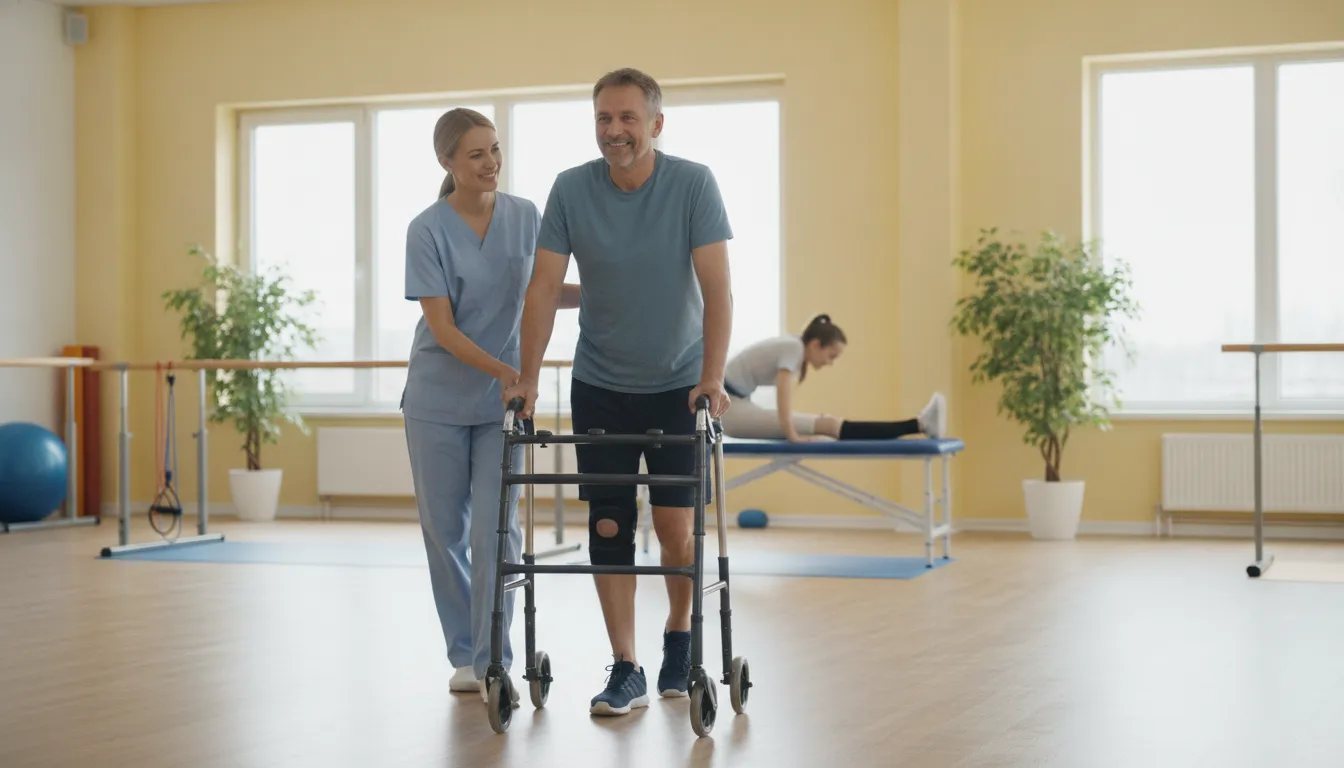 A rehabilitation therapist assisting a patient with mobility during recovery therapy after a catastrophic injury
