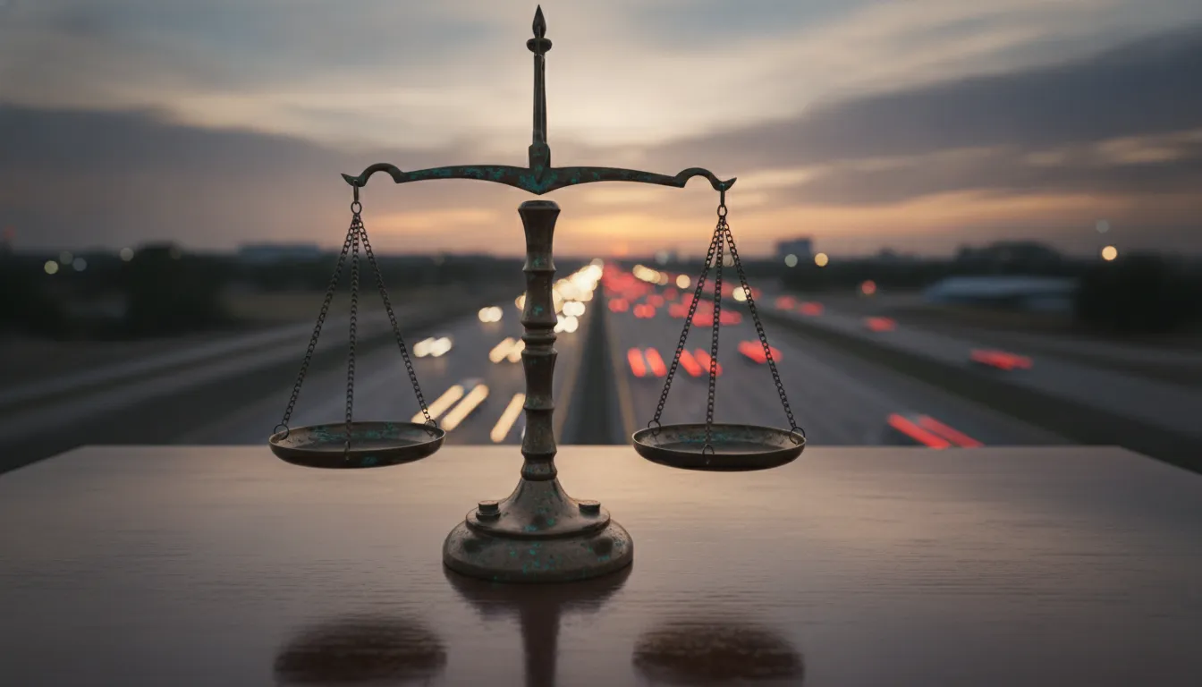 A scale of justice on a desk with a Missouri highway visible in the background