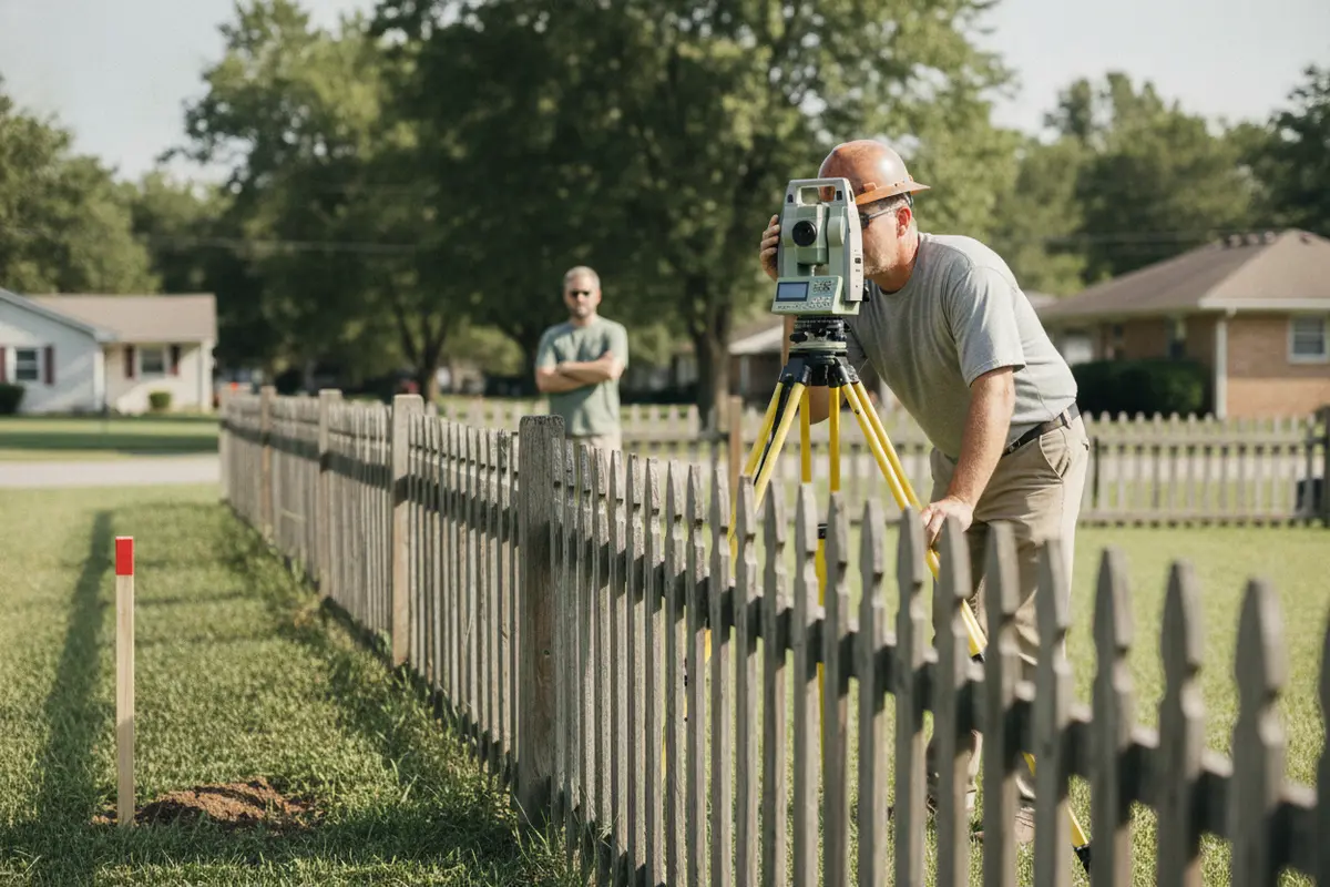 Land surveyor checks a boundary marker beside a residential property
