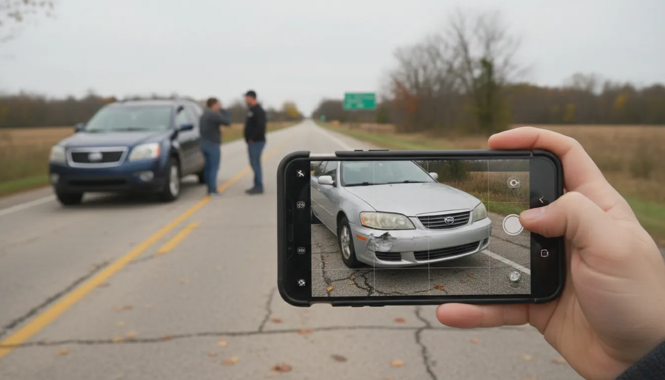Driver safely photographs vehicle damage to preserve evidence after a Nixa car accident