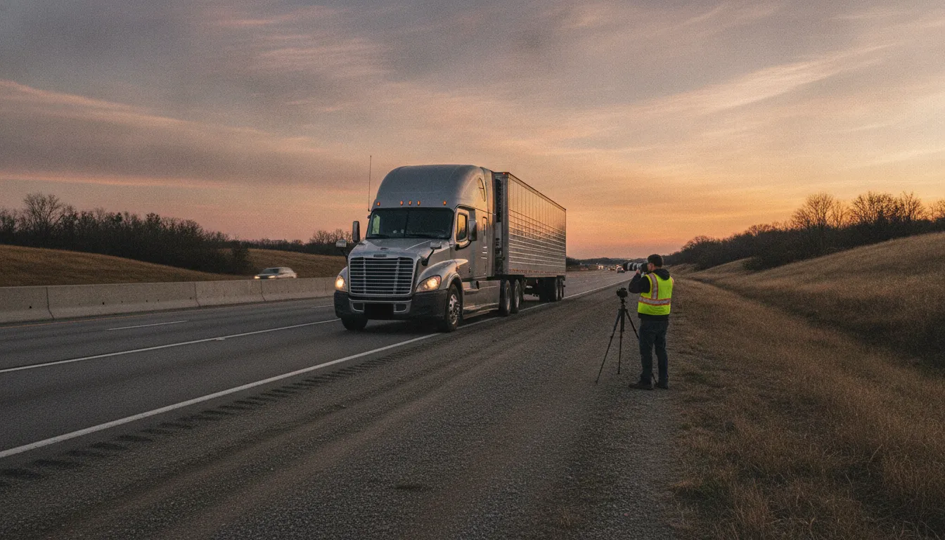 Investigator documenting commercial truck evidence after a Springfield Missouri collision