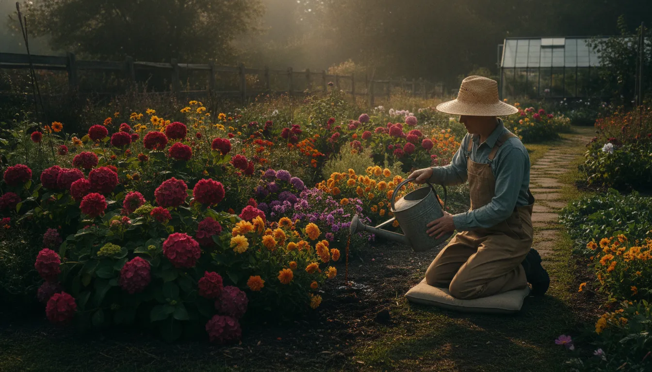 Gardener applying a soil treatment evenly around flowering plants
