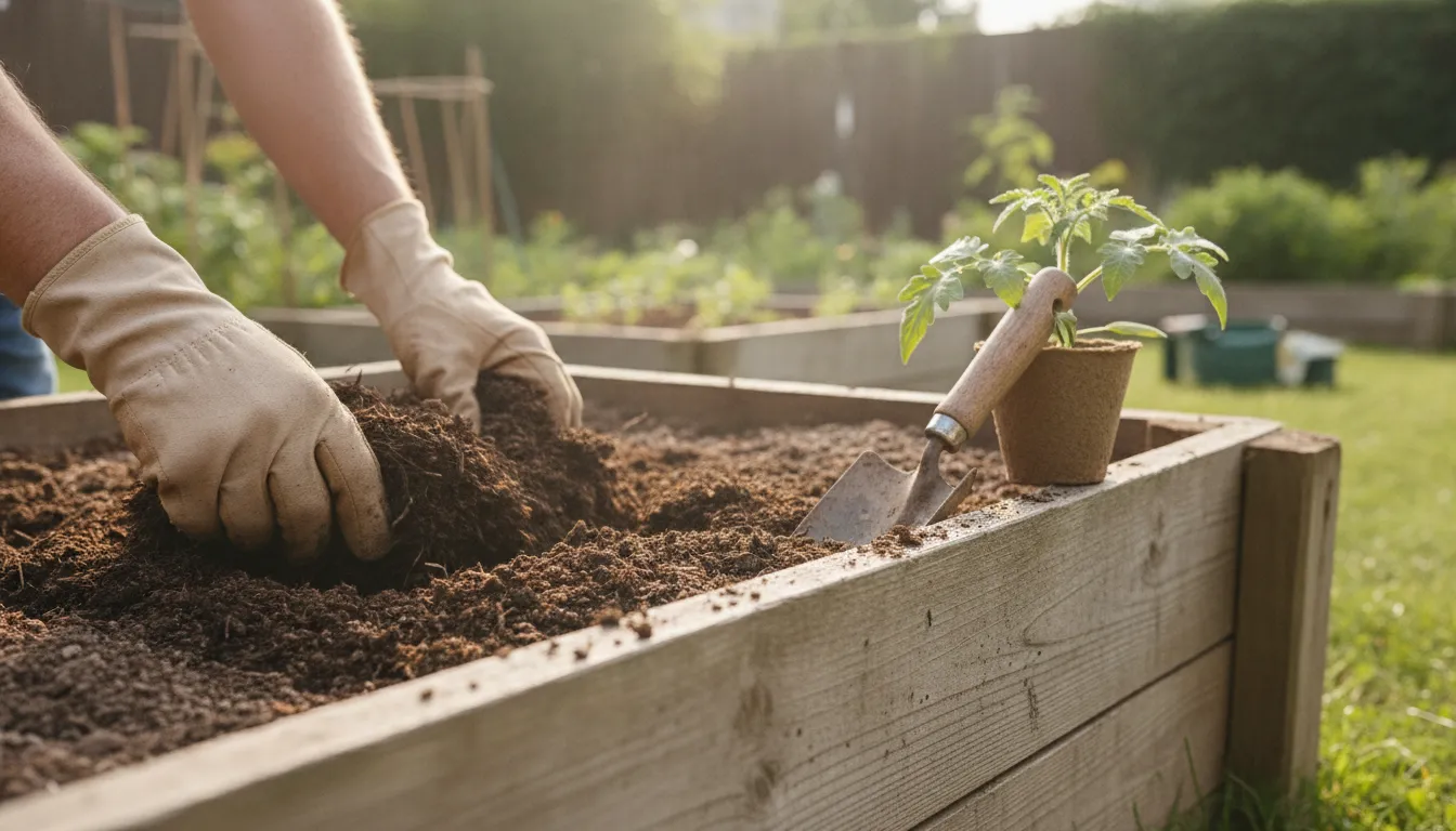 Gardener mixing compost into soil while preparing a garden bed