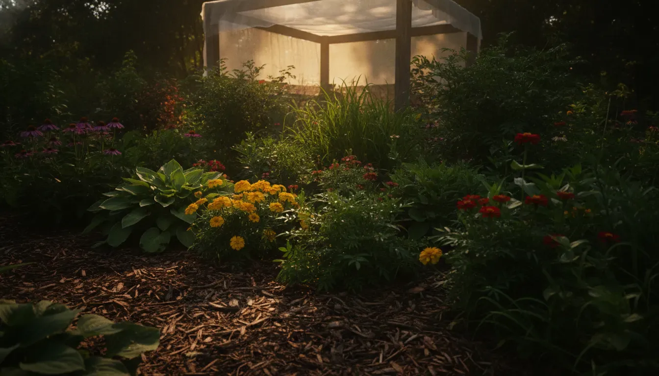 Outdoor garden bed protected from garden plant heat stress with mulch and shade cloth