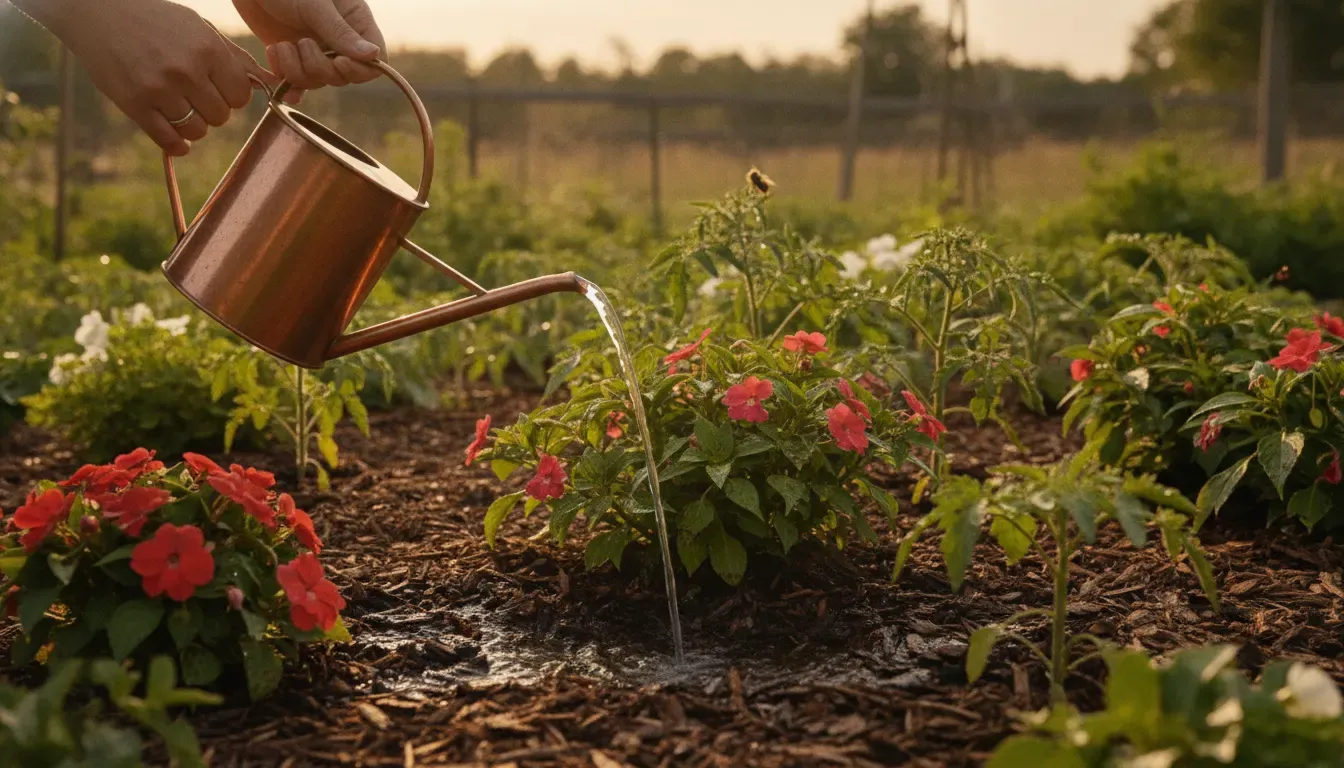 Slowly watering the root zone of outdoor plants during summer heat
