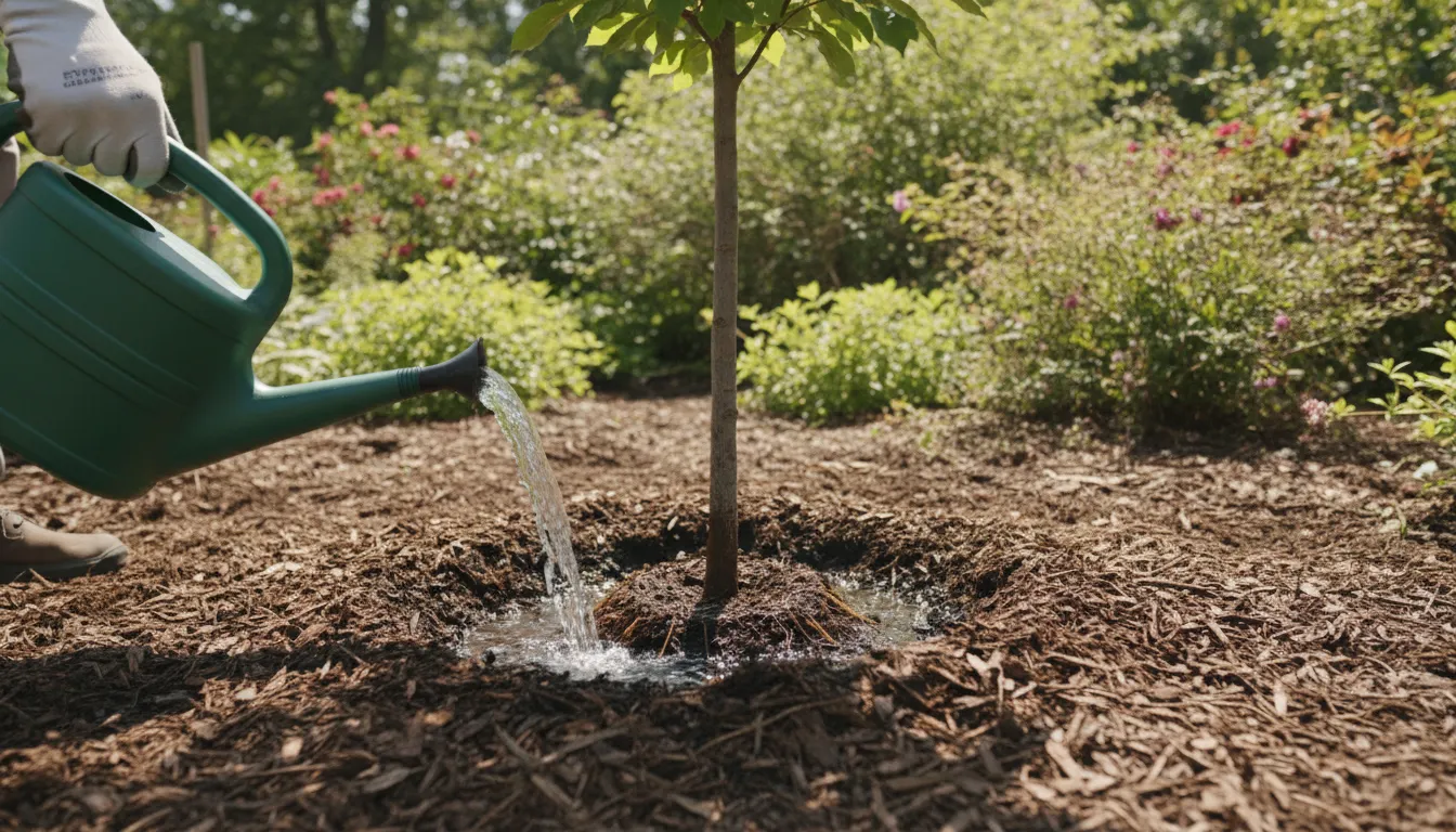 Home gardener watering the root zone of a newly transplanted tree to prevent transplant shock in plants
